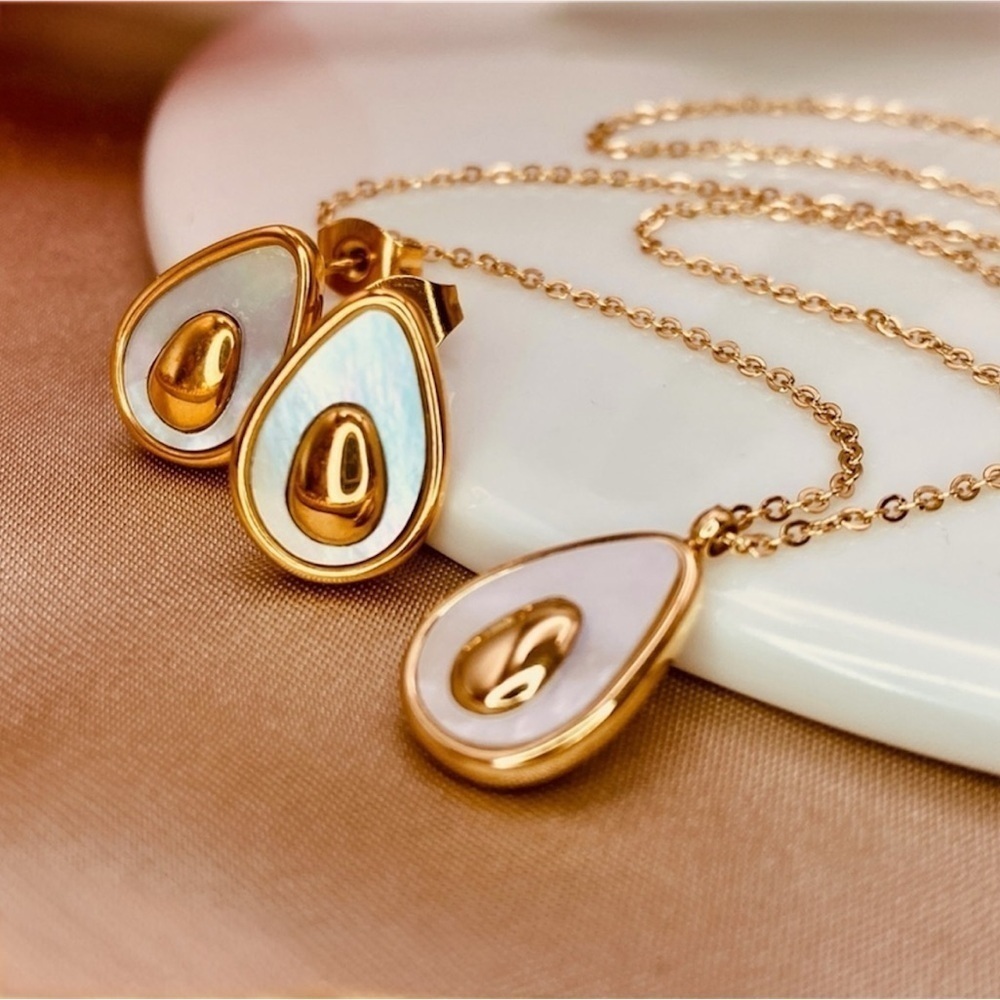 Mother of Pearl Avocado Dainty Chain Necklace SET Gold Plated Womens Jewelry